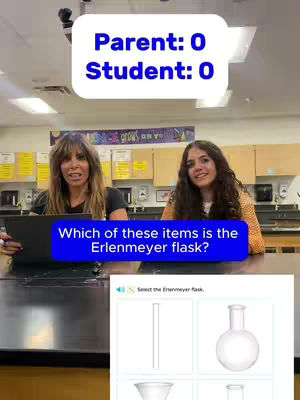 A split-screen image featuring two women in a classroom setting. The top half of the screen shows the women, while the bottom half displays a quiz question about lab equipment.