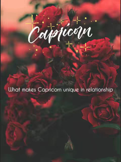 The cover image features a dark, blurred floral background primarily composed of deep red roses. Overlaid on this are two lines of text: 'Capricorn' in a stylized white font, accented with small golden starbursts, and below that, 'What makes Capricorn unique'. The overall style is romantic and slightly vintage, with the deep reds creating a dramatic effect .