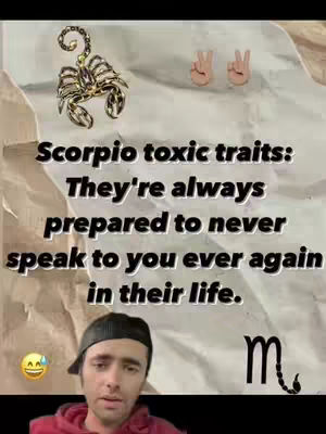 The image is a vertical composition featuring a light-colored, textured background that appears crumpled like parchment or tissue paper. Positioned in the upper center are two cartoon-style hands making a 'peace' sign, and a gold-colored scorpion pendant. Centered in the frame is overlaid text in bold white and black, giving information about Scorpio traits. At the bottom center, a man wearing a black cap and a red hoodie is visible from the chest up, with a mixed expression on his face. To the right of the text, there is a black 'm' that is the symbol for the zodiac sign. The overall color scheme is muted, with the gold pendant against a predominantly light background and the creator's face.