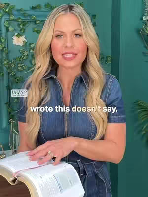A woman with blonde hair is holding a Bible open, looking toward the camera, with text overlayed.