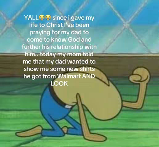 A meme-style image from the SpongeBob SquarePants cartoon showing a character in a prayerful position. Text overlayed on the image expresses gratitude and shares a story about religious faith.