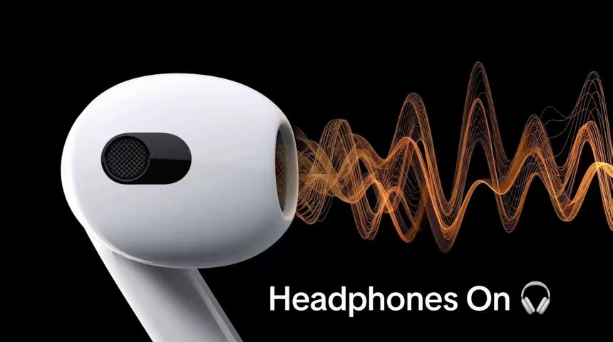 The image features a white earbud on the left side, with a black background. To the right, orange wavy lines appear, resembling sound waves. At the bottom, white text reads 'Headphones On' with a headphone icon next to it.