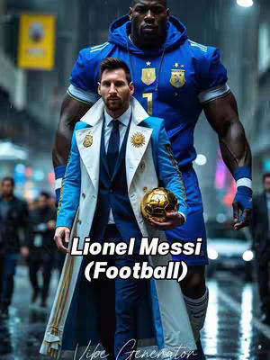 The image is a stylized composite featuring two men in a city setting. In the foreground, a man resembling Lionel Messi is dressed in a blue suit with white accents and white coat.  He is holding a golden football. Behind him, a larger, muscular figure in a blue jersey stands, suggesting a protective or dominating presence. The background is a somewhat blurred cityscape, with rain effects adding a sense of a moment with the players inside the action, possibly a game, or photoshoot.