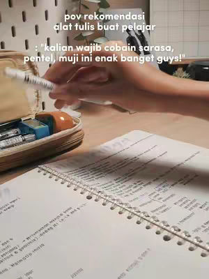 The cover image shows a desk with stationary, a notebook, and a hand holding a pen. Text overlays provide recommendations for stationery.