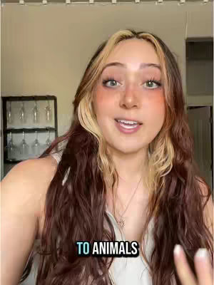 A woman with long, wavy hair is the central focus, smiling and looking directly at the camera. Her hair is a mix of darker brown and blonde, and she has subtle makeup with blush. The background is a neutral beige color with a glimpse of a darker object and some hanging items. The bottom features text on the video that says "TO ANIMALS".