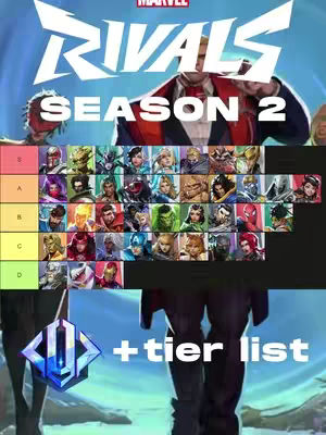 The image features a tier list for Marvel Rivals Season 2. The title is prominently displayed at the top with the "Marvel Rivals" text in stylized, white font. A rank list with character icons is displayed at the center, with tiers labeled A, B, C and D. The background appears to be a blurred scene with character figures and a person in the foreground. Additionally, the the text "+ tier list" is overlaid at the bottom. Overall, the image is designed for fans of the game who interested in competitive rankings.