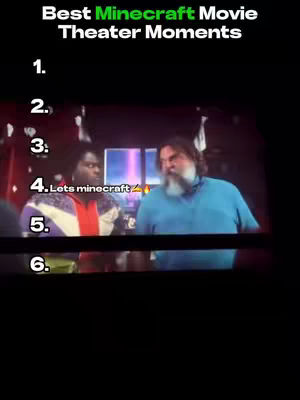 A cover image showing a movie theatre scene from what appears to be a film about Minecraft. The text overlay focuses on rank order from #1-6 of movie theatre moments from the film. The scene shows two actors, with the main focus on a man with a beard. The background is set in what looks like a movie theatre.