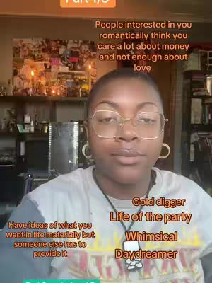 The cover image is a selfie of a dark-skinned woman with short hair and glasses. Text overlays describe how people see her, along with character traits. The background is a room with shelves and decorations.