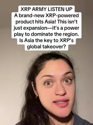 A woman speaking directly to the camera with an overlay of text above her head. The text is in a white box and asks if Asia is the key to XRP's global takeover.