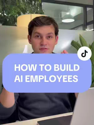 A man is in the foreground with a blue rectangle overlay containing white text that says "HOW TO BUILD AI EMPLOYEES". The man is seated with a laptop in the background, and there is a TikTok logo in the top right corner.