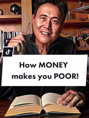 The cover image features a medium shot of a man, presumably Robert Kiyosaki, holding glasses and smiling. He is sitting in a wooden room with a bookshelf behind him. In the foreground, an open book rests on a table. A white banner at the bottom contains the text overlay.