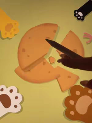The image shows a cartoon illustration. In the center, a large cheese wheel is being cut with a black knife. Several cartoon cat paws of different colors (yellow, white, and brown) are around the cheese, creating a sense of playfulness.