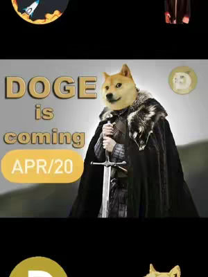 The image is a stylized graphic with a doge meme face superimposed onto a figure in a medieval costume with a sword. The text elements include the word 'DOGE' in bold gold, 'is coming' below it, and the date 'APR/20' in a yellow banner. A Dogecoin logo is in the top right.