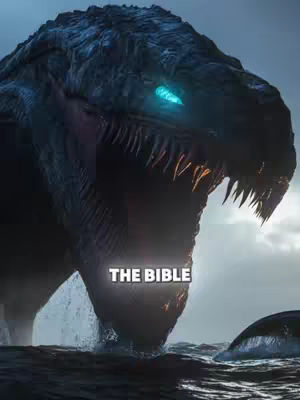 A digitally rendered image of a large sea monster with a dark, textured hide and glowing cyan eyes rising from the ocean. The monster's mouth is open, revealing sharp teeth and a dark interior. The words 'THE BIBLE' are overlaid on the image in a white, bold font. The background includes elements of a cloudy sky and the ocean surface, with a second, smaller form visible in the distance. The overall tone is ominous and mysterious.