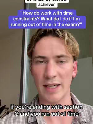 A medium shot shows a young man with light skin and blonde hair speaking directly to the camera. Above him is a text box with questions about time management in exams. The background is a blurred indoor setting, and the lighting emphasizes the man's face.