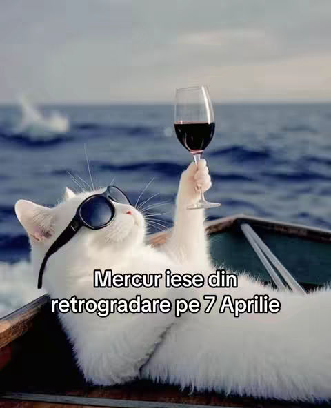 A white cat wearing sunglasses is lounging on a small boat on the water. It is holding up a wine glass filled with red wine. The background is the ocean, and text is overlaid on the image. The overall mood and feel is relaxed and luxurious.