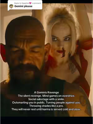 A cover image from a movie scene, which shows a man with short dark hair and a beard in the foreground, with a woman standing behind. The woman is blonde, and has blood on her mouth, creating a dark aura. The text overlay describes 'A Gemini's Revenge'.