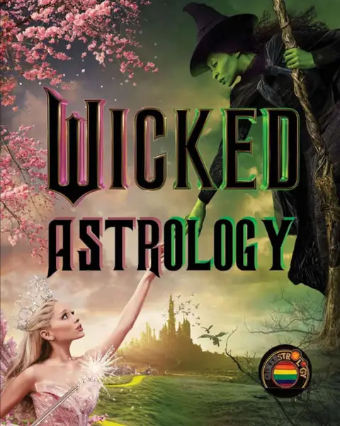 The cover image features a fantastical scene with several elements. In the foreground, a blonde woman in a pink dress and a silver crown holds a wand; her arm is outstretched towards the sky. Below, the words "WICKED ASTROLOGY" are prominently displayed in large, stylized green and black font against a backdrop of a blurred green landscape, a distant castle, and flying birds. Behind the text, on the right, a green-skinned witch in a black hat and cloak is perched, looking down. The background includes pink blossoms. A colorful seal with a rainbow flag is in the bottom right corner.
