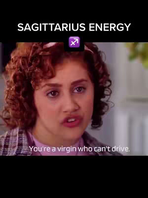 The cover image shows a woman with curly red hair, making a surprised or confrontational facial expression. Above her head is text that reads \"SAGITTARIUS ENERGY\". Below, in a smaller font, is text that says, \"You’re a virgin who can’t drive.\"