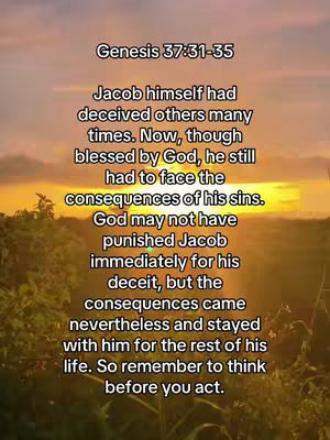 The image shows a warm, golden sunset with silhouetted trees and foliage in the foreground. Overlaid on this backdrop is a block of text in a clean, white font, conveying a message about faith and consequences, seemingly from a Bible passage. The overall aesthetic is peaceful and reflective.