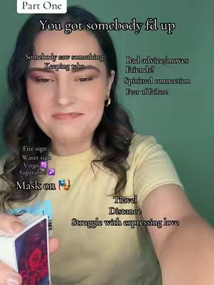 A woman with dark hair and makeup is holding tarot cards and looking at the camera. Text is overlaid on the image related to astrology and life situations.