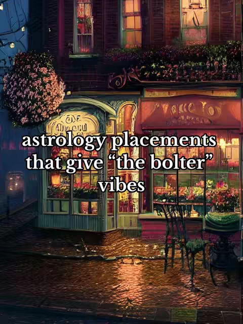 An illustrated image of a whimsical building with storefronts on a rainy night. The front of the building is detailed with windows, doors, and awnings. The text overlayed on the image reads, "astrology placements that give the bolter vibes."
