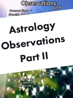The cover image is divided into two main sections, with a blurred colorful bokeh effect on the background. At the top, it features the title 'Observations Part II' in white and black text. Below, a large white area displays the title 'Astrology Observations Part II' in bold, black text. Additional text overlays include astrological observations related to zodiac signs.