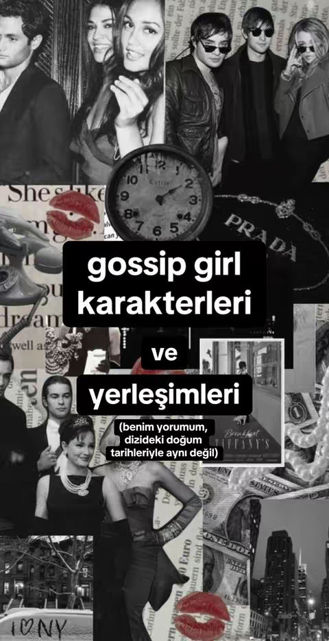 A monochrome collage featuring images of actors from the TV show 'Gossip Girl' arranged around a central text that reads'gossip girl karakterleri ve yerleşimleri'. Additional circular and rectangular text segments are placed throughout, with the iconic red lipstick kiss mark.