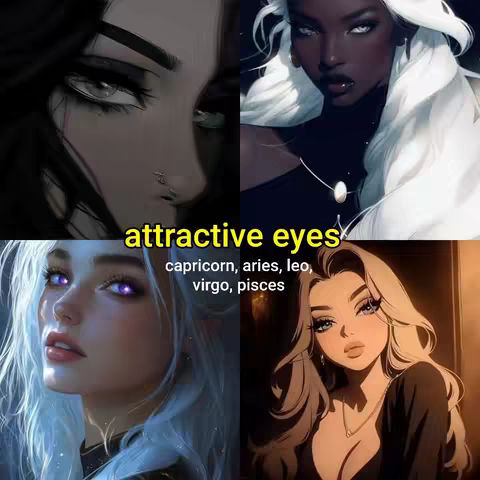 The image is a collage featuring four stylized portraits of women with digitally enhanced eyes. Each portrait occupies a quadrant of the frame. The upper left corner features an image of a woman with dark hair and a piercing, smoky-eye effect. The upper right holds a portrait of a Black woman with white hair and strikingly bright white eyes. The bottom left shows a woman with pale skin and light blue hair, with purple eyes, while the bottom right displays a blonde woman with subtle makeup and light-colored eyes. Text overlays include "attractive eyes" in a yellow font and a listing of zodiac signs: "capricorn, aries, leo, virgo, pisces". All portraits are rendered in a digital art style with bold colors and idealized features.