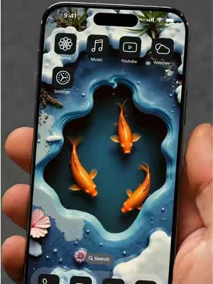 A smartphone displays a custom live wallpaper featuring a stylized pond scene. The background shows a gradient of blue and white, suggesting water and clouds or snow. Three orange koi fish are situated in a central opening, and the phone's app icons are at the top, indicating the device's functionality. The phone is held by a hand with visible skin tones.