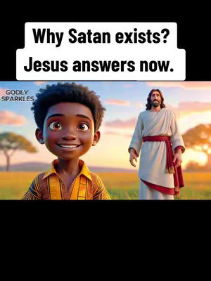 The cover image features a cartoon illustration with a stylized young Black boy in the foreground, smiling towards the viewer with large, expressive eyes. To his right, the image includes an illustration of Jesus, who is dressed in a white robe with a red sash. Above the boy, a white rectangular box contains the text, 'Why Satan exists? Jesus answers now.' The background depicts a sunny landscape with trees and a bright sky.