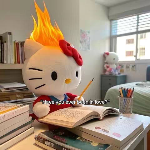 The image shows a Hello Kitty plushie with flames emanating from its head, a red bow, and holding a pencil. The plushie is sitting at a desk with open books and school supplies. The scene is set in a room with a window and a bed visible in the background.