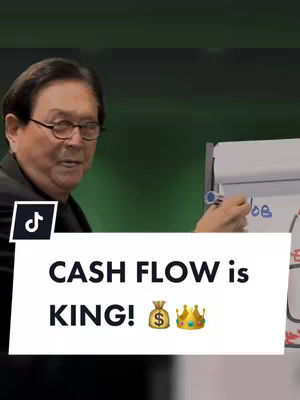 The cover image features a man in glasses speaking while pointing at a whiteboard, in front of a green screen. A white banner with black text that reads "CASH FLOW is KING!" is at the bottom, along with a money bag emoji and a crown emoji.