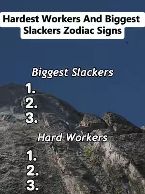 The image shows a vertical composition with a mountain rock face. In the center of the image is a list titled "Biggest Slackers" with numbers. Below, a list titled "Hard Workers" has another numbered set. The sky is a dark blue. White, bold text overlays the image providing the video's information.