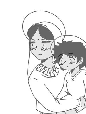 An illustration in black and white depicts a woman holding a small child. The woman has long hair, a halo, and a serious expression. The child looks curious and uncertain. The background is plain white, emphasizing the figures.