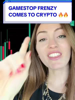 A woman with long brown hair is facing the camera with an expression. A text overlay with a retro computer frame reads "GAMESTOP FRENZY COMES TO CRYPTO" above the head of the woman. Behind her are green and red lines illustrating stock prices