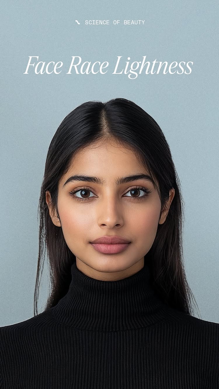 A studio shot features a woman's face centered against a muted blue background. She has long, dark hair parted in the middle, framing her face. She wears a black turtleneck sweater. The text overlay at the top says 'Science of Beauty.' The text overlay on the frontal section of the shot says 'Face Race Lightness'.