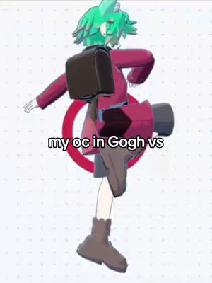 A digital avatar of a character with green hair and a red-purple outfit is posed mid-action against a light background dotted with small white circles. The avatar has a backpack and is positioned within a large red circle. Text overlays the image, identifying the character.