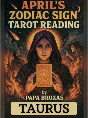 The cover image is an astrological illustration, featuring a central female figure holding a tarot card against a backdrop of celestial imagery. The woman is in a hooded cloak and a golden halo is around her head with elements such as fire and cosmic backgrounds. At the bottom a banner contains text.
