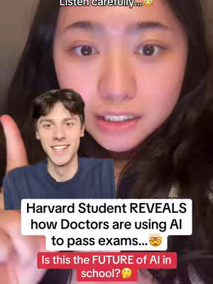 The cover image shows the top half of a woman's face, focusing on her eyes and mouth, suggesting she's speaking. Slightly beneath her is a smaller picture of a man smiling. Below them is a text overlay with headlines, including the text "Harvard Student REVEALS" and asking if something is "the FUTURE of AI in school?"