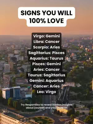 The image features a city landscape viewed from above, with buildings and streets. Overlayed is a white rectangle with the text 'SIGNS YOU WILL 100% LOVE'. Below is a black rectangle listing zodiac signs and their matches.