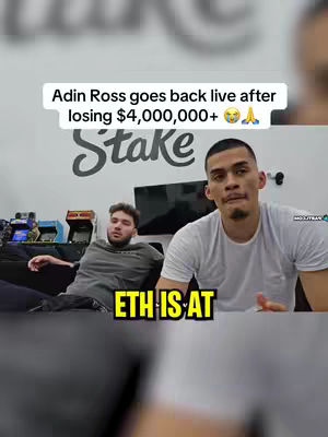 The cover image shows two men, one seated on a couch and the other standing. The backdrop features a wall with the word "Stake" written on it. The image has a video overlay at the top that says "Adin Ross goes back live after losing $4,000,000+ ππ". There's also a lower, rectangular overlay with the text "ETH IS AT". The lighting appears to be natural, with the individuals facing the camera.