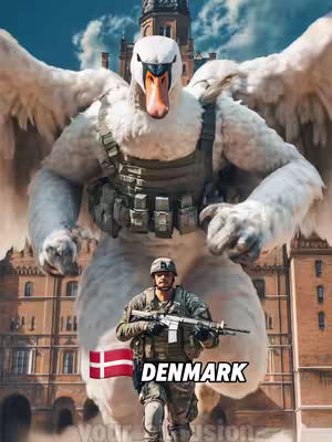 The image features a soldier standing in front of a giant swan-like creature also wearing military gear, with a large building in the background. The soldier is holding a rifle, positioned on the left side of the image, and the text 'DENMARK' is added on the bottom with the Danish flag. The overall composition uses a fantasy art style.