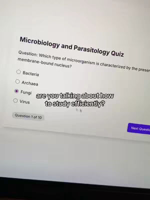 A screenshot of a quiz question on a computer screen. The question is about microbiology. At the bottom of the screen there is text saying 'are you talking about how to study efficiently?'.