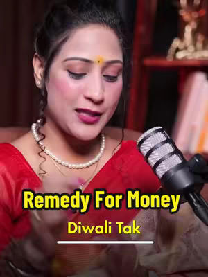 A woman with a light complexion is centered in the image, with a soft focus on her face. She has dark hair pulled back, adorned with a small red dot on her forehead, traditional to Indian culture. She wears a red saree with a gold border, and a pearl necklace. A professional microphone stands beside her. Text overlays include 'Remedy for Money' in a golden yellow font laid over a black rectangular background toward the bottom of the screen.