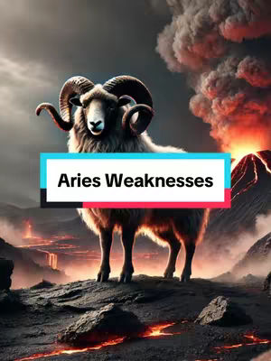 An illustration of a ram with large curved horns standing prominently against a backdrop of a volcanic landscape and a stormy sky. Above the ram, a horizontal rectangular text overlay displays the words 'Aries Weaknesses'. The overall tone is dramatic with a fiery, ominous atmosphere.