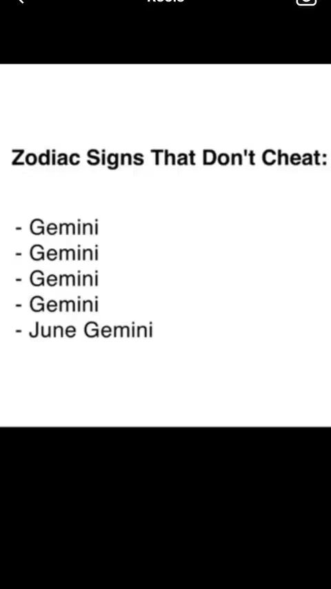 The image is a vertical composition with a white background. Centered towards the top is the title in bold, black text: 'Zodiac Signs That Don't Cheat:'. Below, a bulleted list of zodiac signs, all but one being 'Gemini', with the final one reading 'June Gemini'.