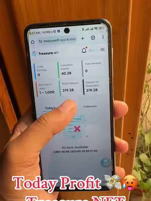 A hand holding a smartphone displays a mobile app interface with various data points. The phone is set against a backdrop of wooden texture, partially visible. Below the phone, there's overlaid text highlighting 'Today Profit' and the name of the app's brand. Also, there are emojis of money and a surprised face.