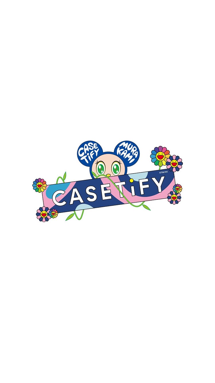 The image features a bright, colorful design with a white background. The central element is a blue rectangle with the word 'CASETiFY' in white, stylized text and a pink wave design. Floating above is a character with large, blue ears that read 'CASETiFY' and 'MURAKAMI' and big eyes, a pink bow, and a small nose peering from above the text. Around the rectangle and character are colorful, smiling flower graphics, giving the image a playful and artistic feel.