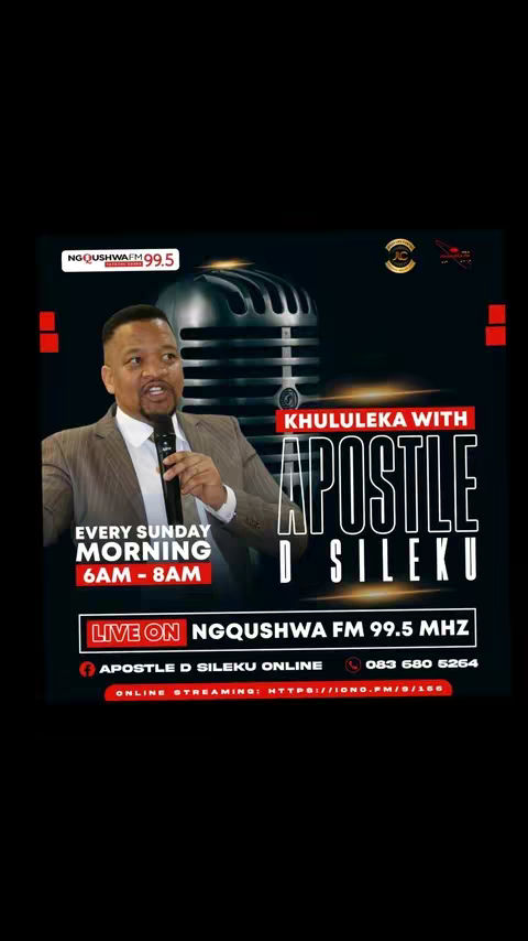The cover image features a man in a suit at a microphone against a dark background overlaid with text. The text announces a live radio program 'KHULULEKA' with 'Apostle D Sileku' on the Ngqushwa FM 99.5 station.